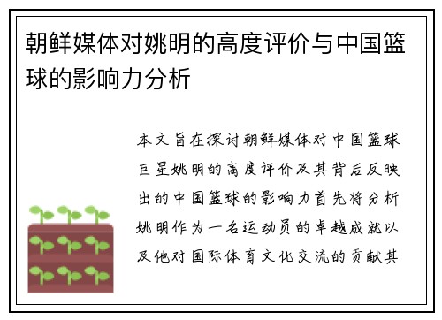 朝鲜媒体对姚明的高度评价与中国篮球的影响力分析
